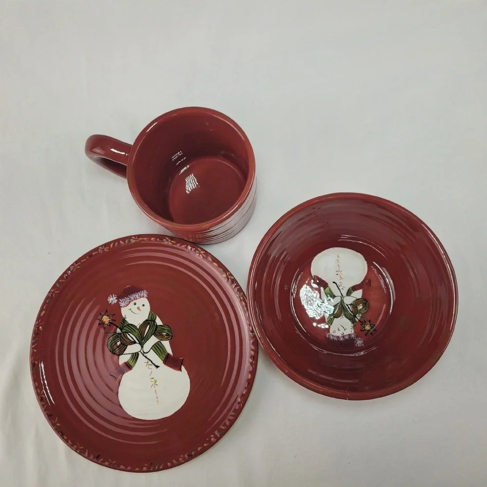 Tracy Porter Jingle Bell Snowman Red Ceramic Mug Bowl Plate 3 Piece Set